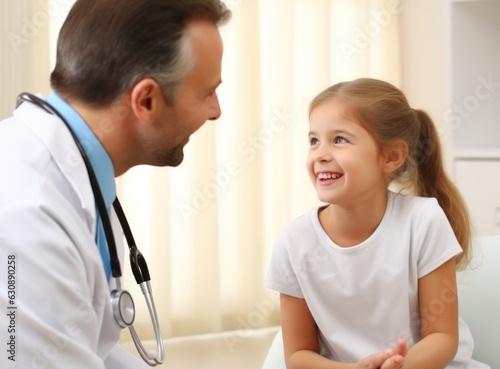 A nurse is looking at an older child with a stethoscope
