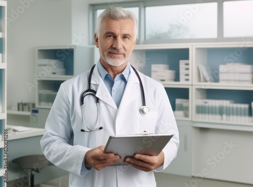 A male doctor while holding a tablet