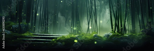 Bamboos, green trees, bamboo, in the style of blurred imagery