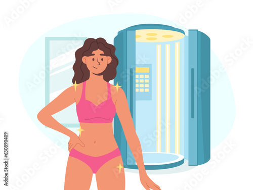 Woman in solarium concept. Young girl in pink swimsuit at SPA salon. Beauty procedures. Rest and relax, wellbeing. Ultraviolet rays for changing color of skin. Cartoon flat vector illustration