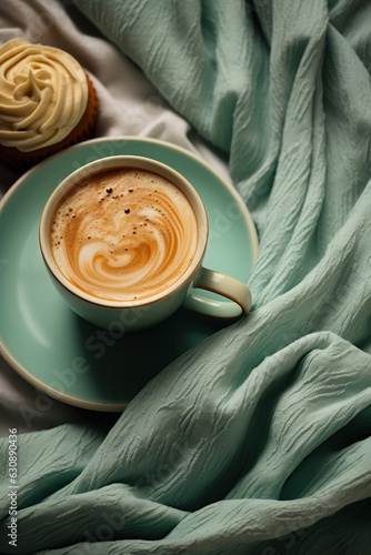 A coffee cup is placed on top of a grey blanket