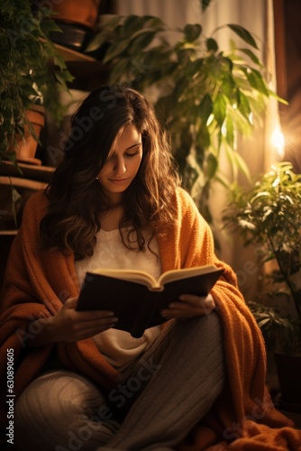 Girl in bed with book