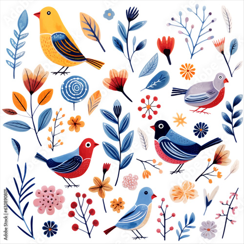 Bright birds  plants and flowers collection. Set of hand drawn birds and flowers in the traditional ethnic style.