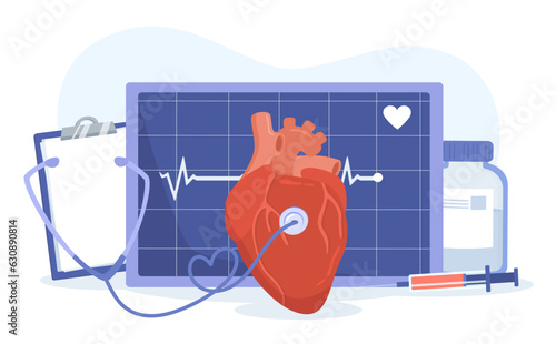 Cardiogam with heart problem concept. Health care, diagnosis and treatment. Heartbeat rate at monitor and display. Poster or banner for website. Cartoon flat vector illustration