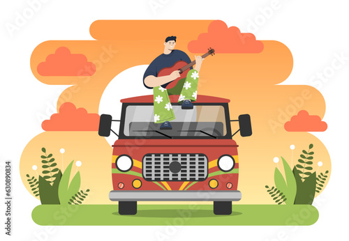 Hippie in van concept. Travel and tourism, active lifestyle, hiking and camping. Young guy with guitar at automobile or car. Positivity and optimism. Cartoon flat vector illustration