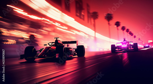 Colourful neon race car on the race track, Formula 1 at night competing at high speed in motion blur, light trails 