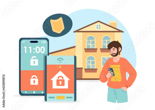 Man with home protection concept. Security system and staff. Young guy with smartphone and remote controller. Smart house. Safety and potection of private property. Cartoon flat vector illustration