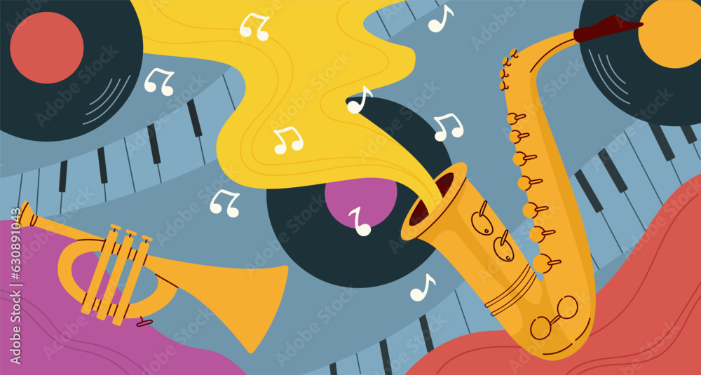 Obraz premium Jazz music concept. Saxophone and golden flute over vinyl record. Beautiful music and songs. Poster or banner for music festival. Creativity and art. Cartoon flat vector illustration