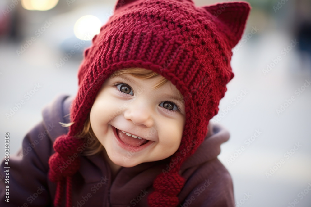 A child wearing a red knitted hat with ear flaps and tassels, purple jacket