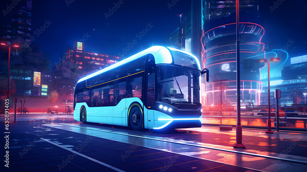 Modern electric bus navigating through the bustling city streets with ease. Generative AI.