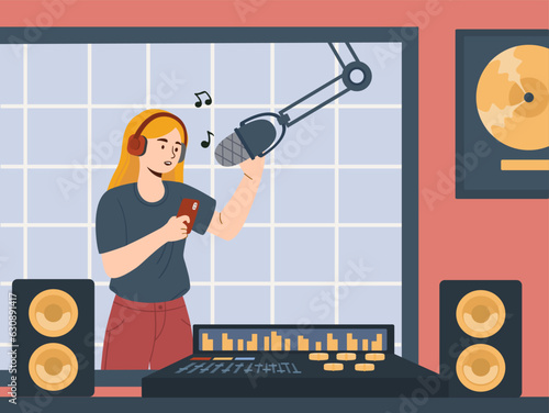 Woman at music studio concept. Young girl sing at microphone. Creativity and art. Talented musician with smartphone. Singer records song and vocal. Cartoon flat vector illustration