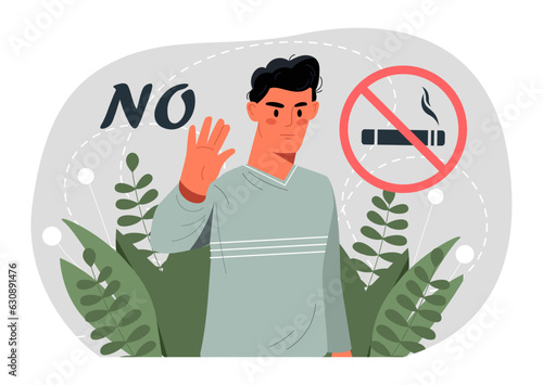 No smoking concept. Man refuses cigarettes. Healthy lifestyle and breaking bad habits. Young guy with tobacco and crossed cigar icon. Rejection of nicotine. Cartoon flat vector illustration