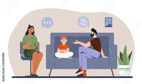 Family psychology concept, Man and woman with kid. Mental health and awareness. Young guy and girl with boy. Communication and interaction. Parenthood and childhood. Cartoon flat vector illustration