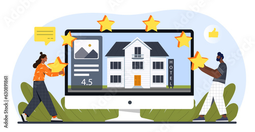 Ranking stars real estate concept. Man and woman with computer monitor. Private property and home. Feedback abd rating. Review of hostel, travelers satisfaction. Cartoon flat vector illustration