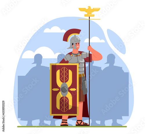 Roman legionary with spear concept. Man in armor with shield. Ancient warrior in helmet. Young guy in historical scene. Army war soldier. Antique weapon. Cartoon flat vector illustration