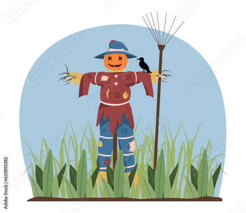 Scarecrow with pumpkin concept. Farming and agriculture, village with crows. Crop protection from birds. Scary sculptures with rake for garden. Cartoon flat vector illustration
