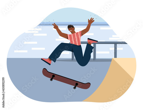 Skateboarder with skate concept. Man with active lifestyle and extreme sport. Young guy rest outdoor. Character with skateboard jumping on stairs in public park. Cartoon flat vector illustration
