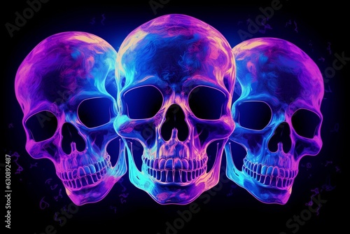 negative neon skulls purple yellow blue, black background photo