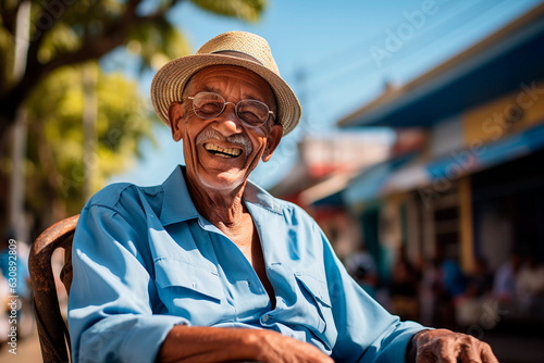 idoso de Chapéu na rua sentado  photo