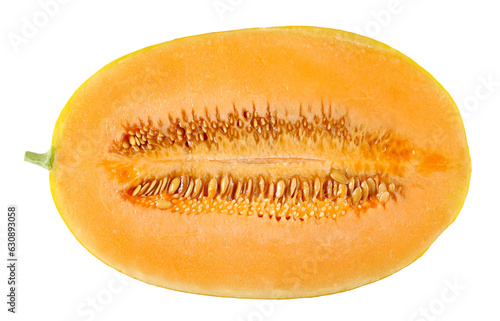 Cantaloupe, muskmelon half, honeydew slices, pieces isolated on white, clipping path, top view