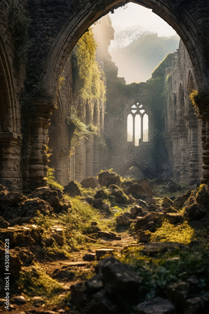 man in medieval viking landscape, sunset fire, ruins