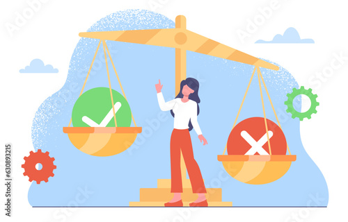 Weights with solution concept. Woman with right or wrong answers, tick and cross. Approval versus rejection. Young girl make decision, chooses way. Cartoon flat vector illustration