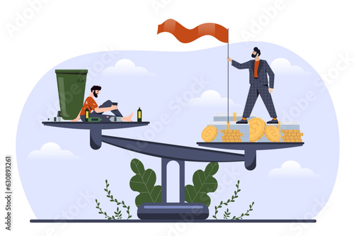 Weight poor and rich concept. Homeless man and rich businessman with gold coins and banknotes. Equality, tolerance and respect, society. Poster or banner. Cartoon flat vector illustration