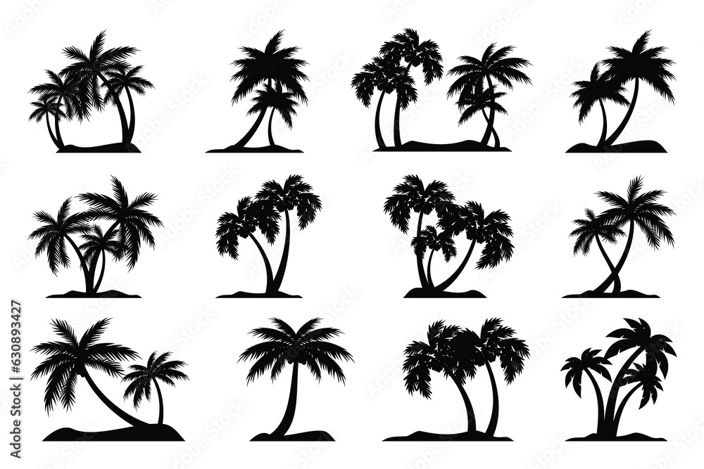 Coconut tree silhouette icon, palm tree silhouette vector collection.