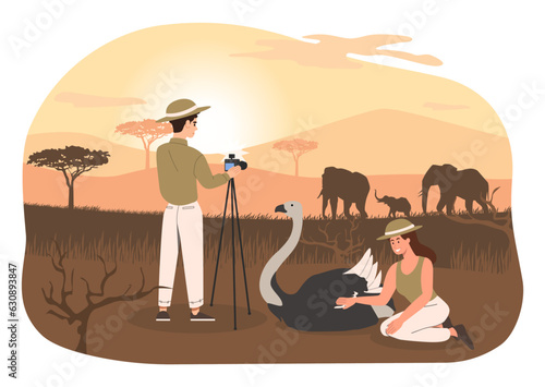 Zoologists in Africa concept. Man and woman near an ostrich take pictures of Savannah. Fauna and wild life, biology and zoology. Silhouettes of elephants. Cartoon flat vector illustration