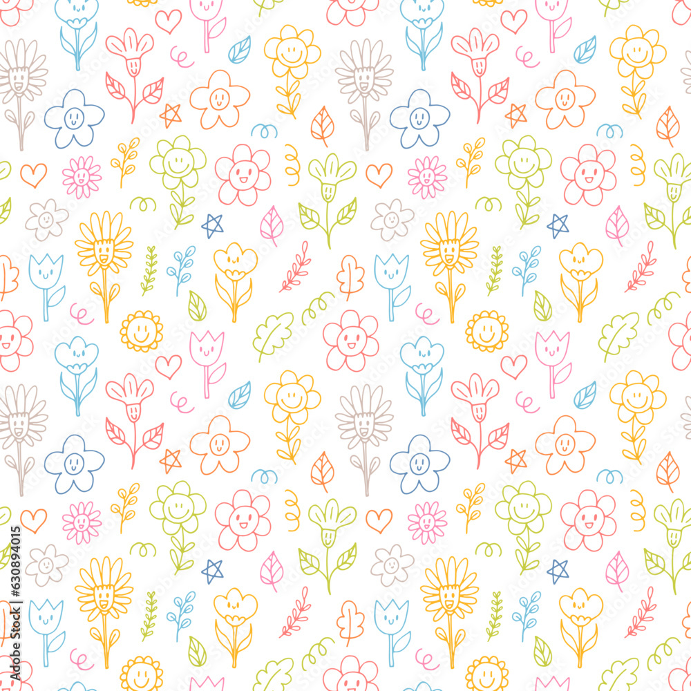 Cute seamless pattern with hand drawn happy flowers. Funny kawaii elements. Floral doodle background. Childish print