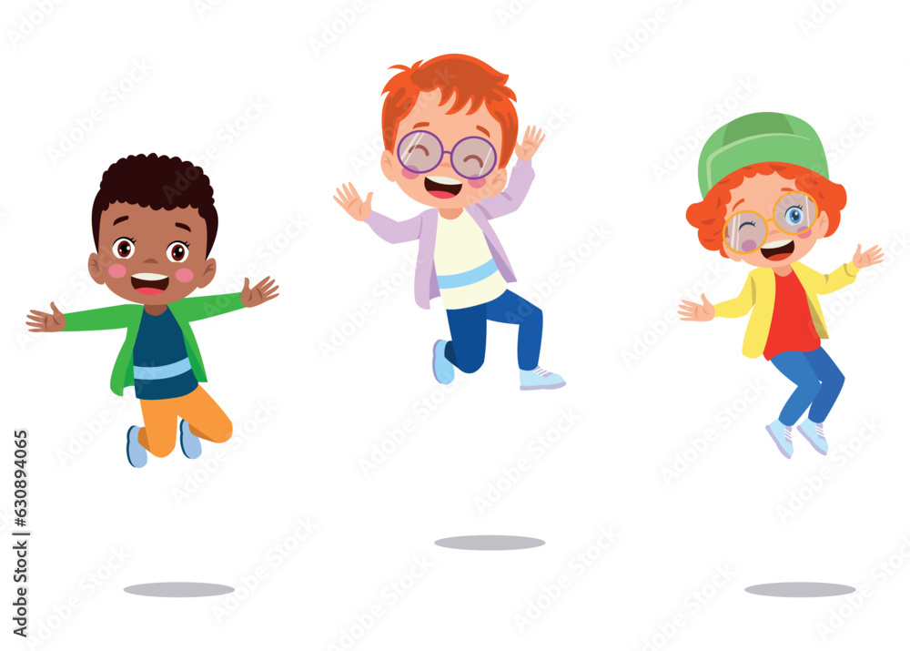 Jumping kids. Happy funny children playing and jumping in different action poses education little team vector characters. Illustration of kids and children fun and smile