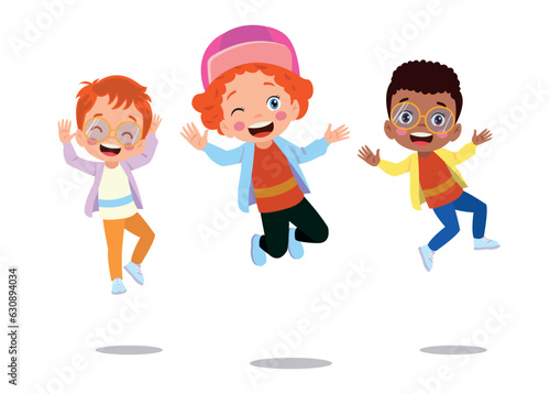 Jumping kids. Happy funny children playing and jumping in different action poses education little team vector characters. Illustration of kids and children fun and smile