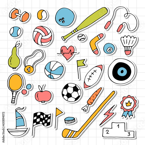 Set of hand drawn sport elements. Sport equipments icons collection. Fitness, healthy lifestyle. Stickers
