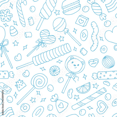 Seamless doodle pattern with candies, sweets and lollipops. Hand drawn background. Great for fabric, textile, wrapping paper