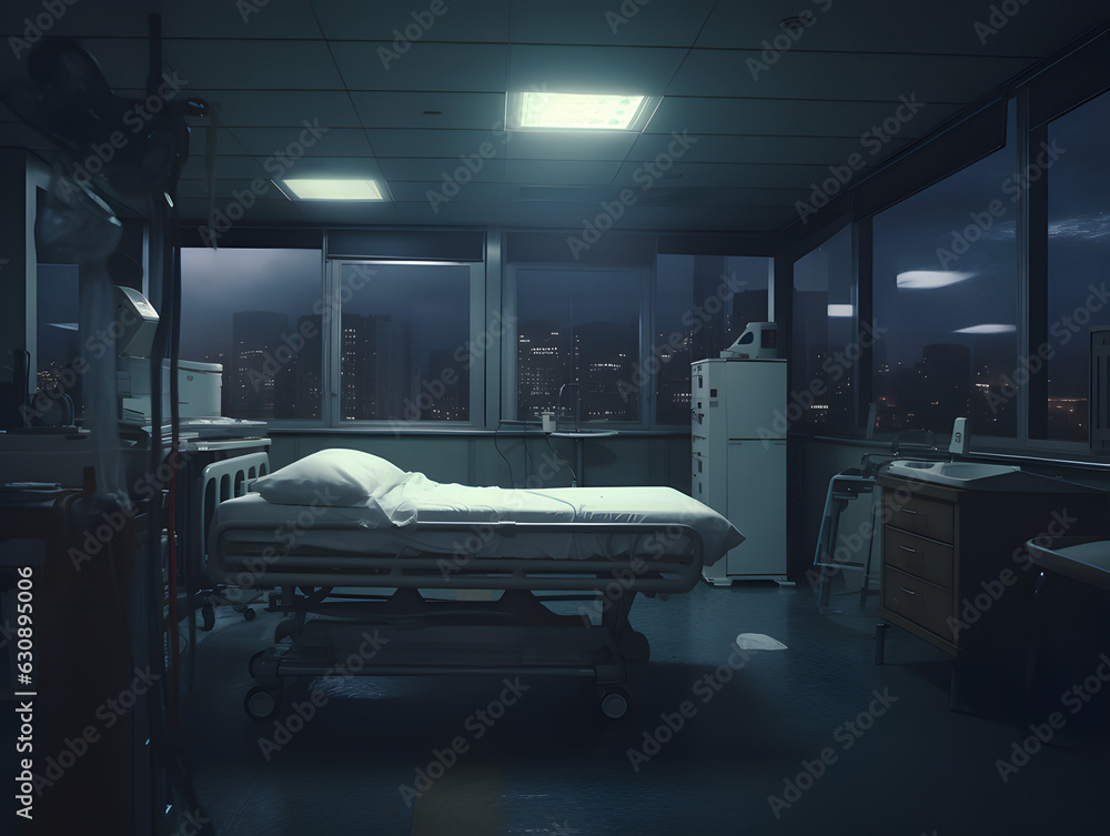 Bed in the middle of a hospital room Bed in the middle of a hospital room
