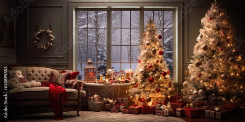 Stunning room decorated for Christmas night with ornaments and lovely toys on the Christmas tree. © Bnetto