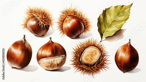 watercolor drawings set of chestnuts and leaf isolated on a white background
