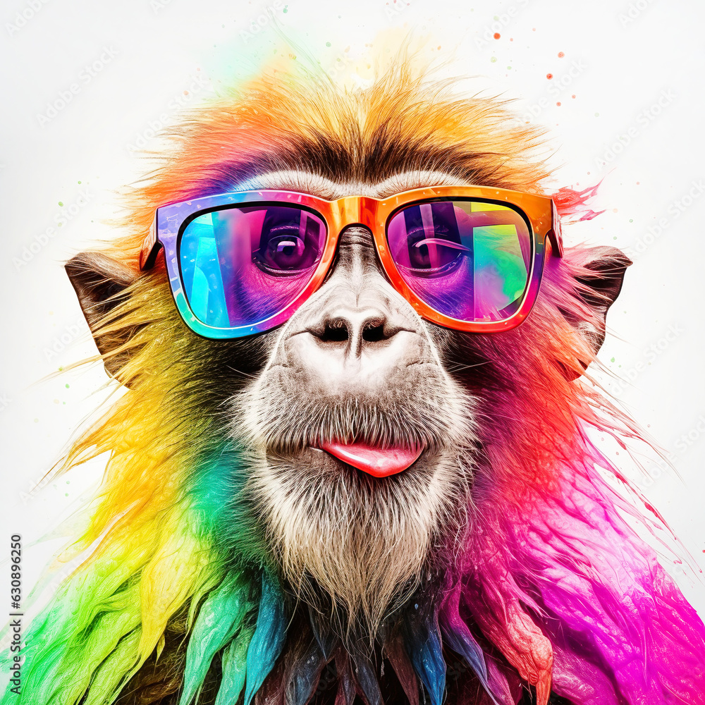 Cartoon colorful monkey, macaque with sunglasses on white background.