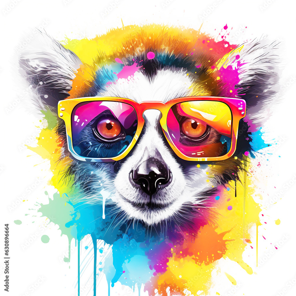 Cartoon colorful Lemur with sunglasses on white background.