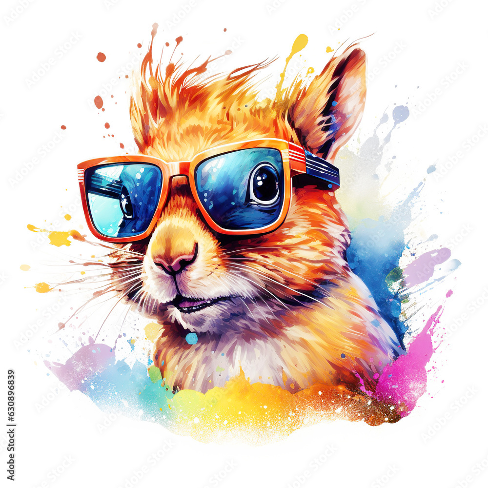Fototapeta Cartoon colorful squirrel with sunglasses on white background.