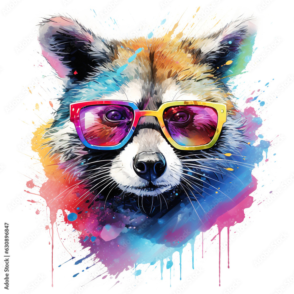 Cartoon colorful raccoon with sunglasses on white background.