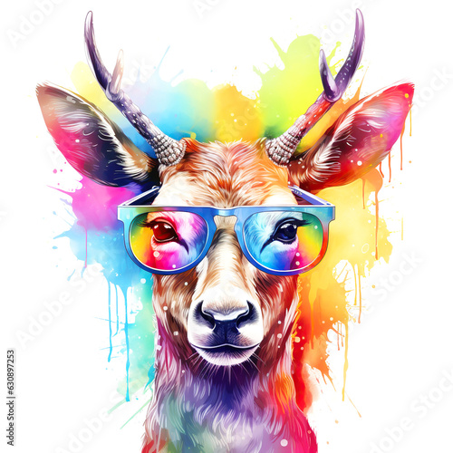 Cartoon colorful deer with sunglasses on white background.