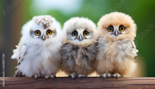 Fototapeta Naklejka Na Ścianę i Meble -  Three baby owls sitting on a branch. The owls are white and fluffy with big round eyes, and are facing the camera and sitting close together
