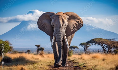 African elephant on savannah with Mount Kilimanjaro in the background