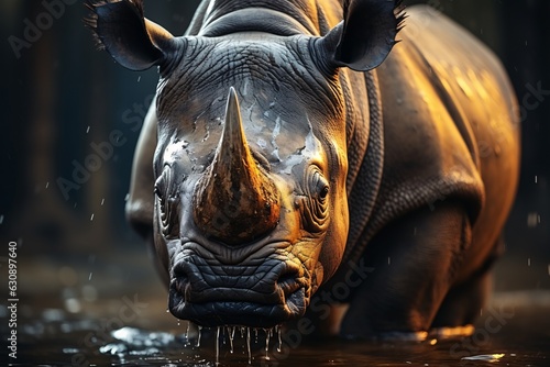 Rhino. Rhinoceros. Closeup photo of rhinoceros. Rhinoceros on a black background.