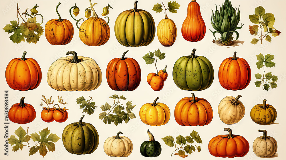 watercolor drawings of pumpkin and sunflower with flower arrangements isolated on a white background, in the style of detailed botanical illustrations, green and amber, scientific illustrations, wallp