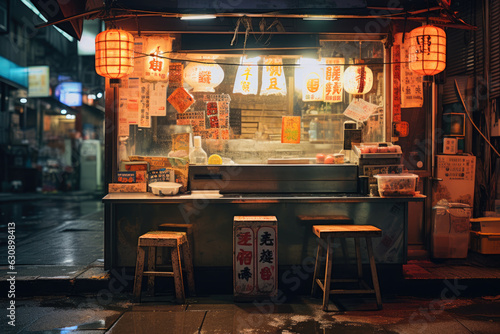 A small food stall on a street at night. The stall is lit up with orange lanterns. The stall has a counter with a glass display case and a few stools for customers to sit on photo