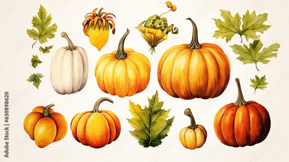 watercolor drawings of pumpkin and sunflower with flower arrangements isolated on a white background, in the style of detailed botanical illustrations, green and amber, scientific illustrations, wallp watercolor drawings of pumpkin and sunflower with flower arrangements isolated on a white background, in the style of detailed botanical illustrations, green and amber, scientific illustrations, wallp
