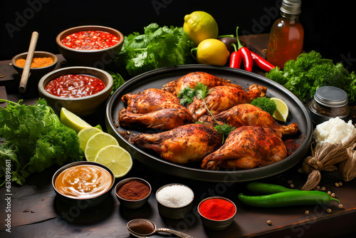 tandoori chicken splashed with sauce, surrounded by limes, vegetables and various sauces on a black background
