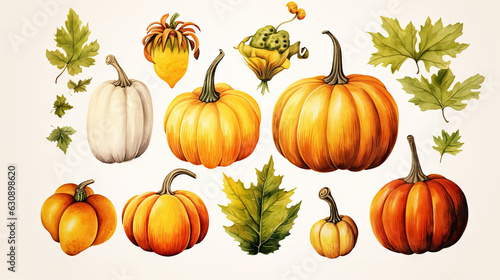 watercolor drawings of pumpkin and sunflower with flower arrangements isolated on a white background, in the style of detailed botanical illustrations, green and amber, scientific illustrations, wallp